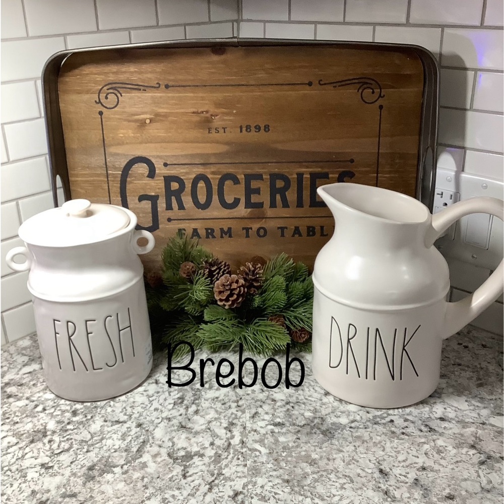 Brand New Rae Dunn Farmhouse FRESH Canister and DRINK Pitcher Set